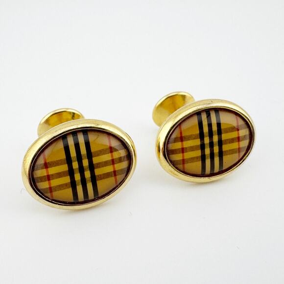 Vintage Plaid Gold Tone Cufflinks Oval Button Style - Picture 2 of 10